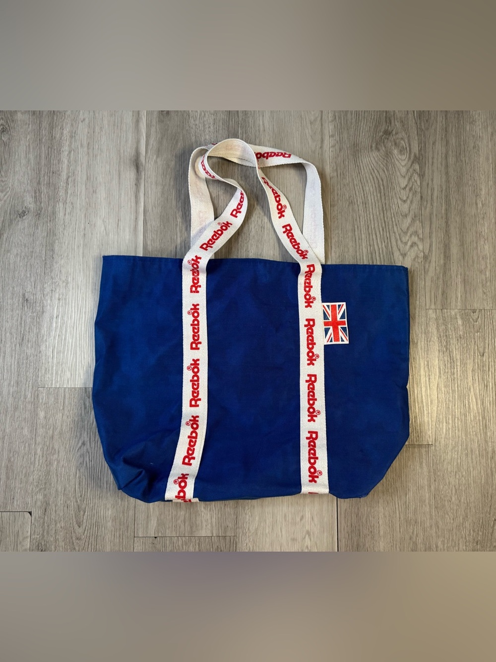 Vintage Reebok Blue canvas Tote Bag Union Jack Double Handles Open Top